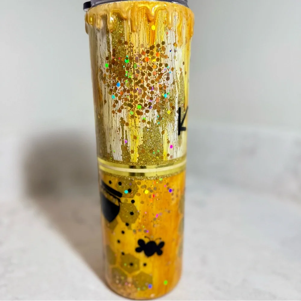 NEW-Handmade Custom 'Be Kind' Gold Glitter Tumbler 30oz Honey Themed